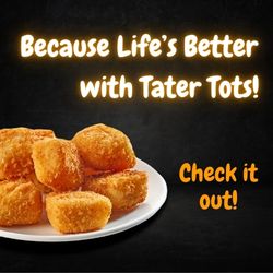 Black banner with a plate of tater tots and neon letters
